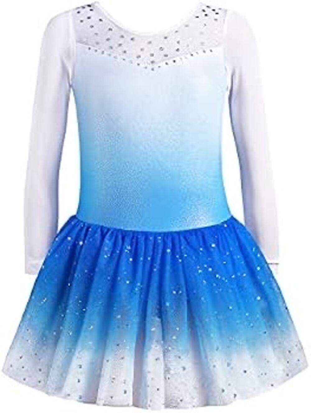 blue white ombre long-sleeve girls gymnastics skirted leotard sparkly rhinestone